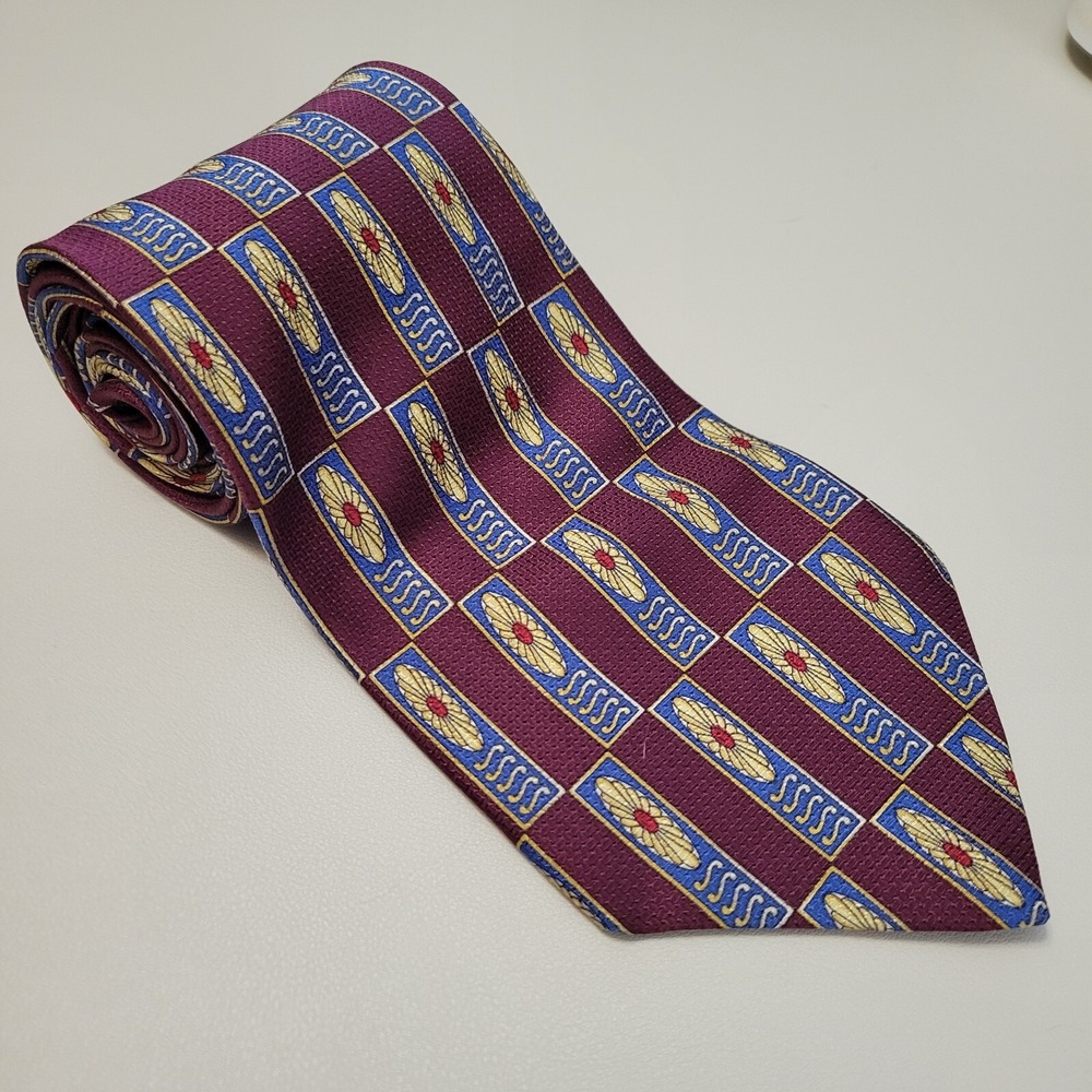 Christian‎ Dior Cravates Tie All Silk Red Blue Yellow Geometric Vintage 58x4